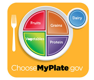 a diagram that shows portions of food groups that kids should eat including fruits, veggies, grains, proteins and dairy