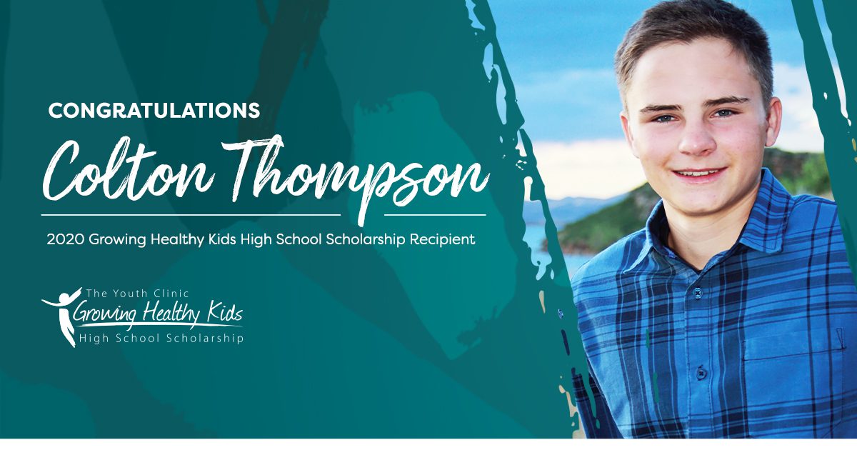 scholarship winner colton thompson in a blue shirt on a teal banner