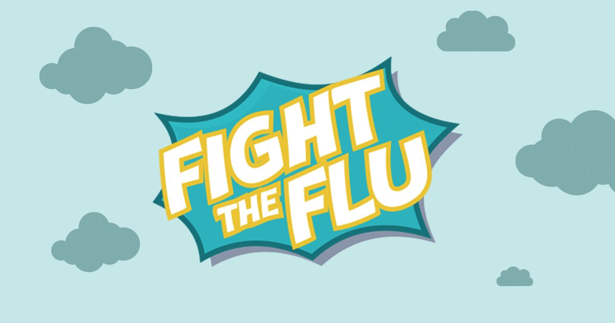 mint green cartoon style banner that says "fight the flu"