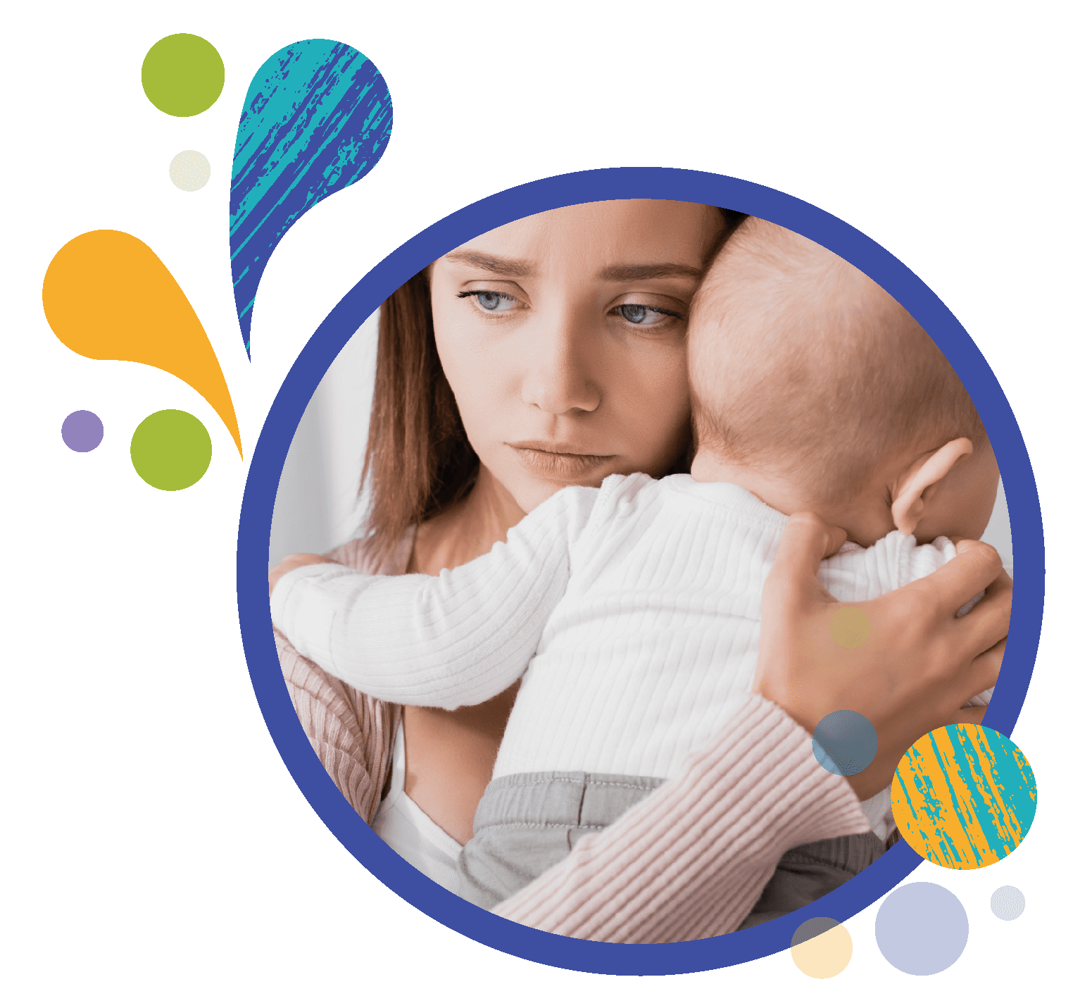 woman holding baby looking sad