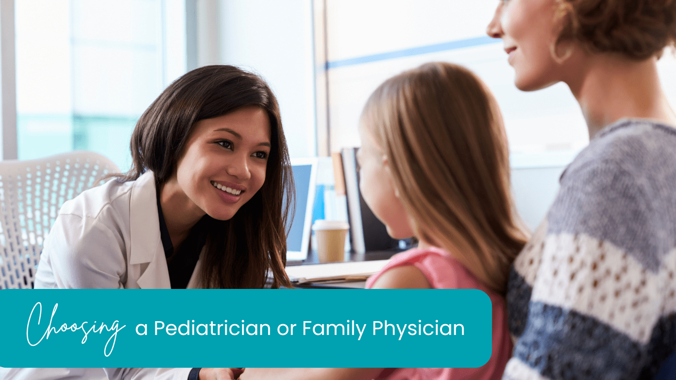 A doctor is sitting and smiling at a young girl who is sitting on her parent's lap in a medical office. Both the child and parent are engaged with the doctor. Text overlay at the bottom reads, "Choosing a Pediatrician or Family Physician.