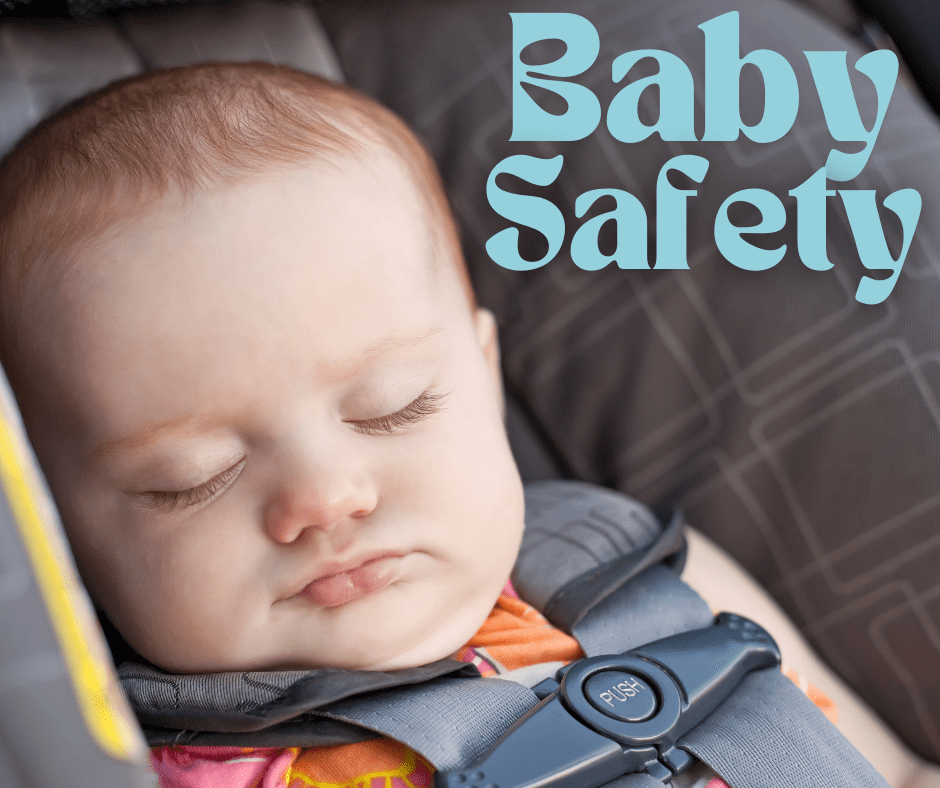 A baby is sleeping peacefully in a car seat, secured with a harness. The text "Baby Safety" and "Sun Safety for Kids" is written in large, light blue letters in the upper right corner of the image.