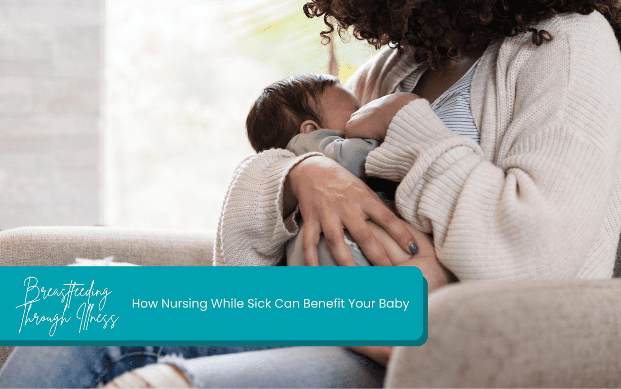 Mother sitting on a couch, breastfeeding her infant. She is wearing a light-colored sweater. Text overlay reads: "Breastfeeding When Sick: Discover How Nursing Through Illness Can Benefit Your Baby.