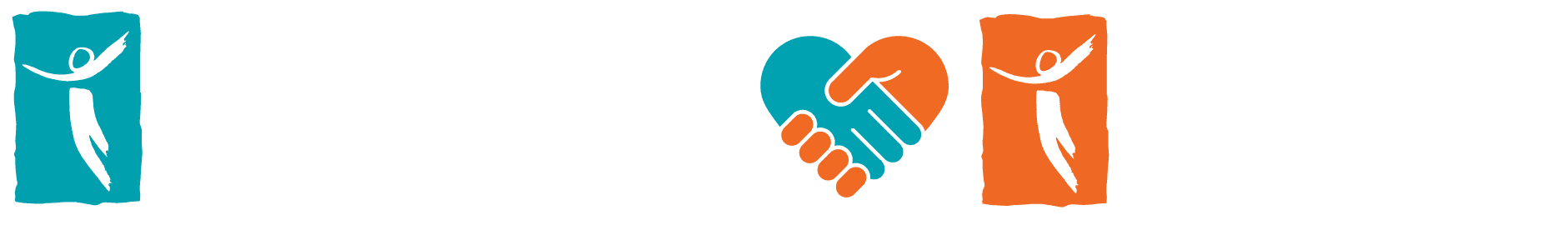 Blue and orange stylized icons: a blue figure with an arm raised, a handshake forming a heart, and an orange figure with an arm raised, all on a white background.