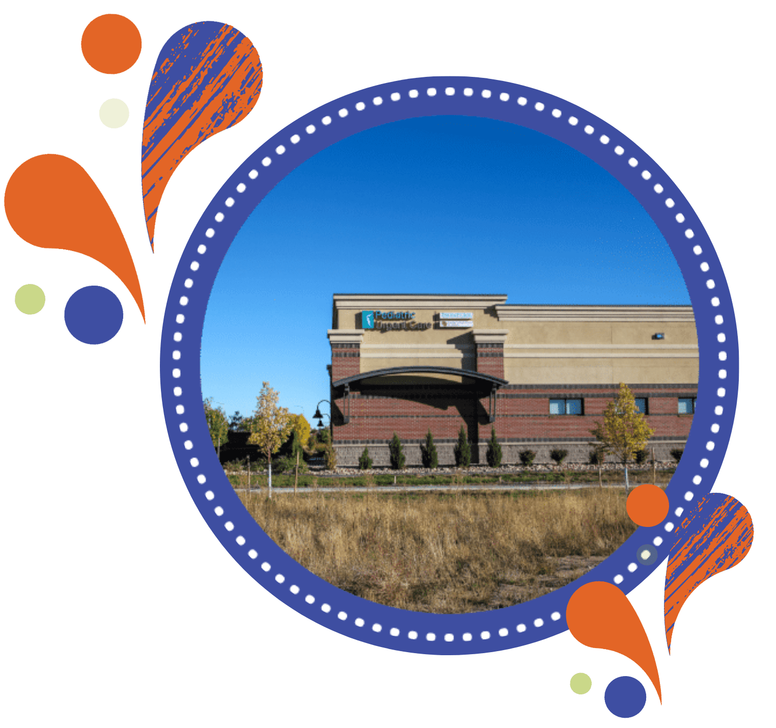 A modern medical building under a clear blue sky, framed by a circular blue border with orange and purple decorative splashes and green dots.