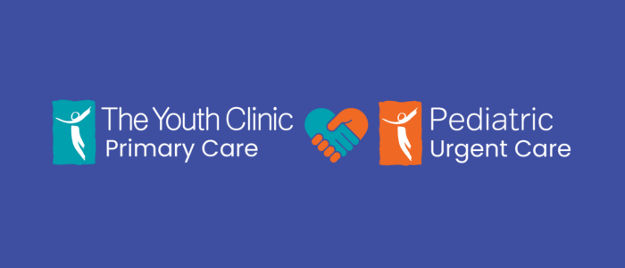 White text on a blue background reads "The Youth Clinic Primary Care" and "Pediatric Urgent Care," separated by an icon of two hands forming a heart. Each clinic has a stylized figure in a colored square.