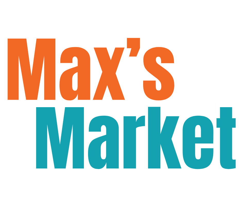 Untitled design (5) Text logo with "Max's" in large orange letters above "Market" in large teal letters on a white background.