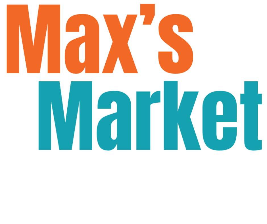 Bold text reading "Max's Market," with "Max's" in large orange letters and "Market" in large teal blue letters, both outlined in white, on a light gray background.