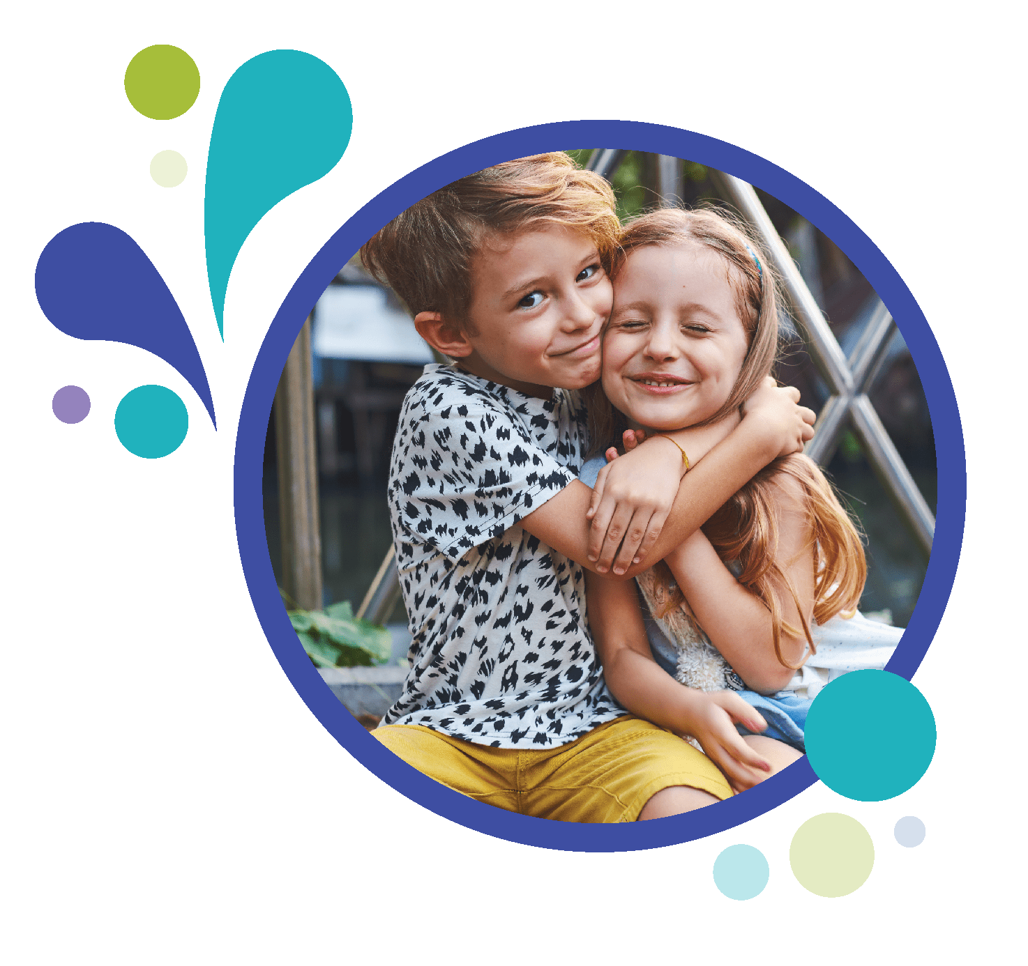 brother and sister hugging