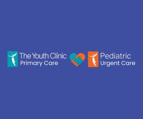 Logo for The Youth Clinic Primary Care and Pediatric Urgent Care on a blue background. The logos include stylized figures, a heart with shaking hands, and text for each clinic.
