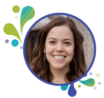 A smiling woman with long brown hair, wearing earrings, is shown in a circular frame decorated with colorful abstract shapes.