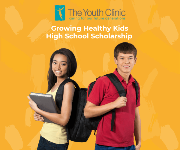 Website news image The Youth Clinic’s Two students with backpacks stand smiling in front of an orange background. The girl on the left holds books, and the boy on the right grips a backpack strap. Text above reads: "The Youth Clinic: Growing Healthy Kids through our High School Scholarship program.