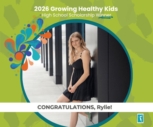 YC 2026 Scholarship Winner (1) A young woman in a black dress stands outside against a wall. Text above reads "2026 Growing Healthy Kids High School Scholarship Winner.” A banner at the bottom says, "CONGRATULATIONS, Rylie!" Youth Clinic and Pediatric Urgent Care logos are at the top.
