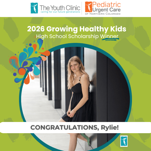 A smiling young woman sits on grass under a tree. Text reads: “2025 Youth Clinic Growing Healthy Kids High School Scholarship Winner. Congratulations, Peyton!” The design includes a colorful corner flourish and a white logo on blue background.