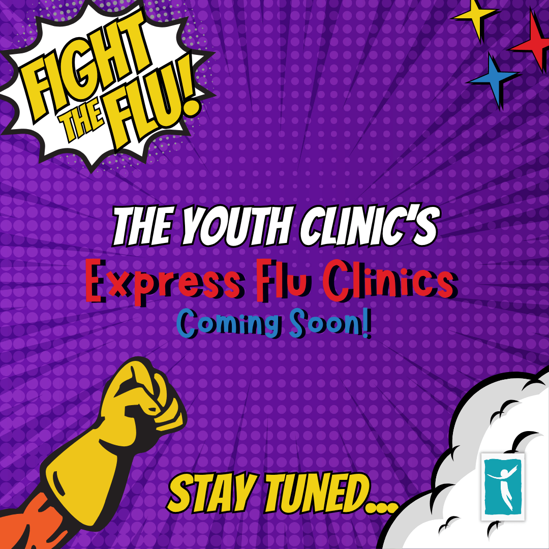 2026 YC FBIG Coming Soon Comic-style image with a purple background and the text "Fight the Flu!" in a burst bubble. Below, it reads, "Express Flu Clinics Coming Soon" and "Stay Tuned!" A superhero's gloved fist is raised on the left, and there are colorful stars on the right.
