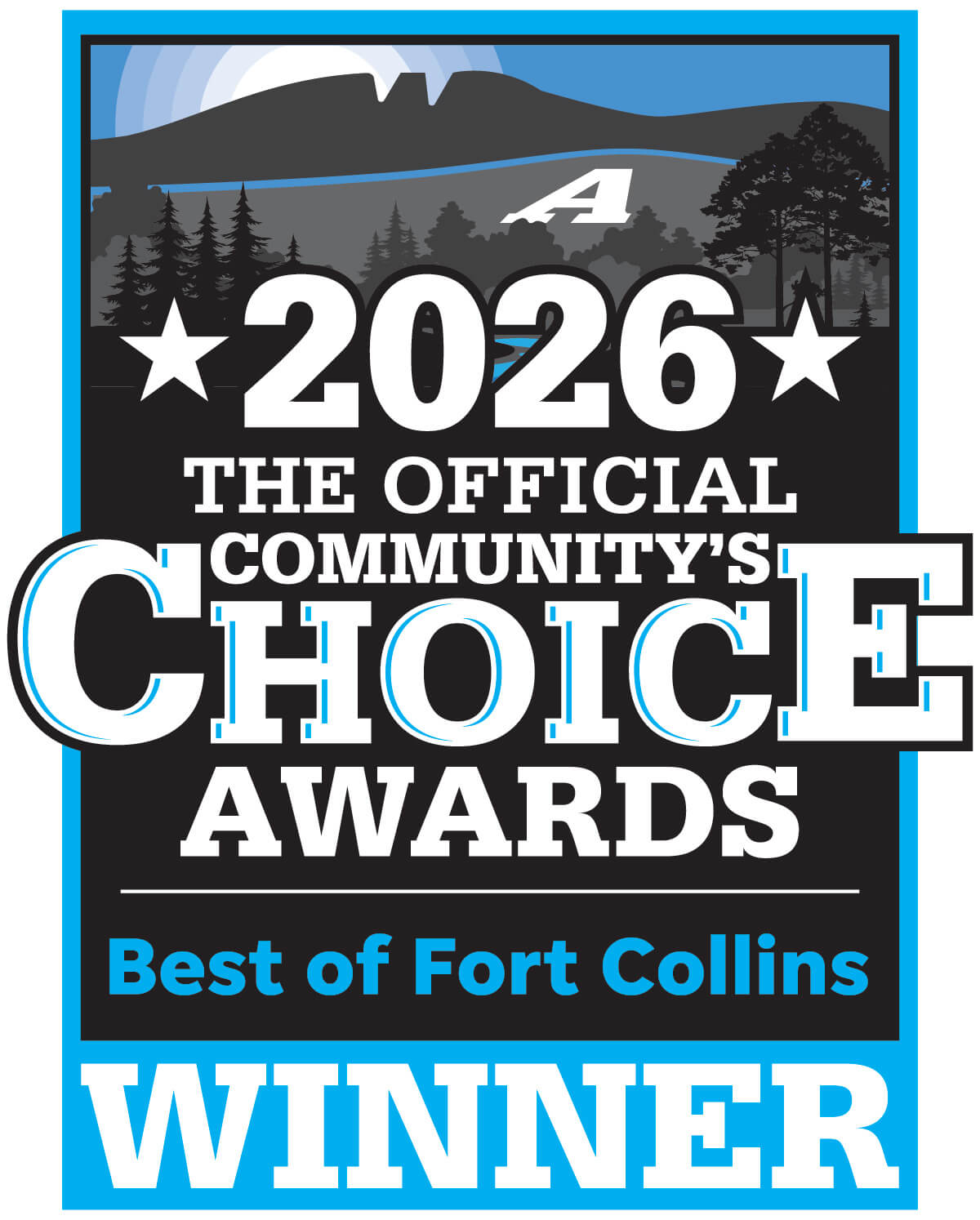 2026 The Official Community’s Choice Awards logo with mountain and tree graphics, text reading “Best of Fort Collins.”.